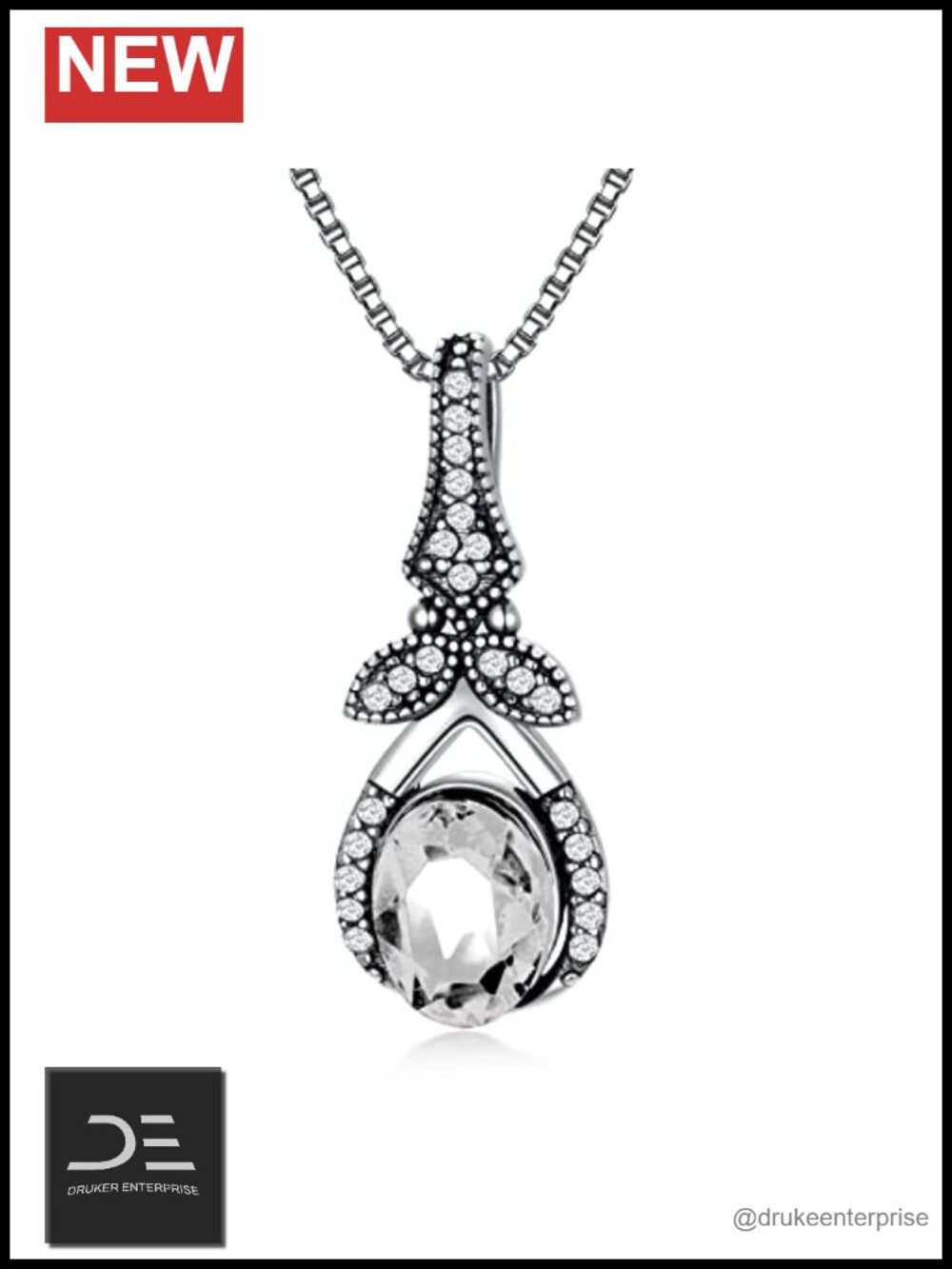Vintage 925 Sterling Silver Oxidized Dainty Pendant Necklace with White Crystal